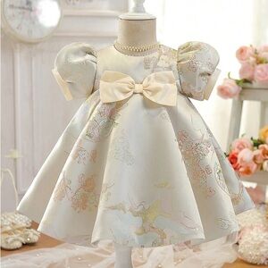 SHEIN Jacquard Cream Floral Puff-Sleeve Bow Holiday Dress